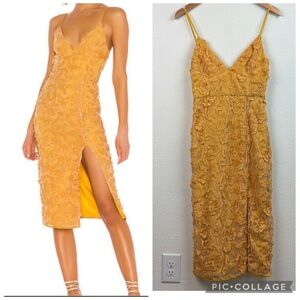 Lovers + Friends Saba fitted midi sheath dress embroidered goldenrod lace EUC!